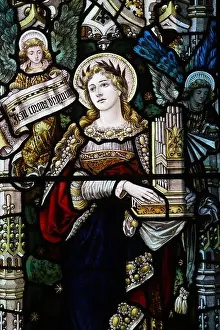 Northumberland Prints: Stained glass window by Percy Bacon & Brothers depicting Saint Cecilia