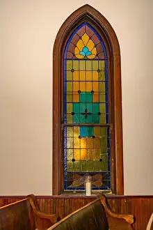 Stained glass window in a rural Christian church in Kentucky