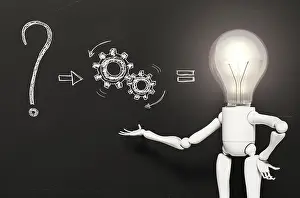 Brilliant Prints: a standing lamp character with his bulb light switched on is showing a kind of answer to a question written on a