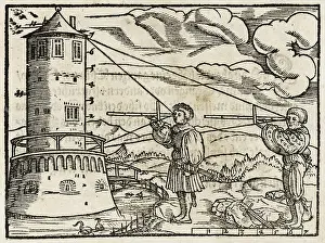 The other stands the match and fairs. (Surveying the height of a tower with the Jaque rod)