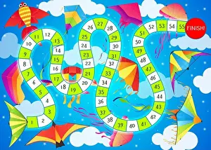 Board Game Prints: Start to finish children board game vector template with cartoon kites