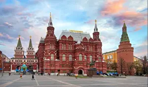 Light Trails Prints: The State Historical Museum (Russian sign: History museum) and part of the Kremlin on the Red square in Moscow