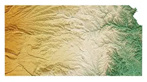 Relief Map Prints: The US state of Kansas. Highly detailed 3D rendering of shaded relief map with rivers and lakes