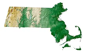 The US state of Massachusetts. 3D rendering of shaded relief map