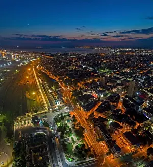 Store Street Prints: Station in Burgas night. Architecture and streets of the old city