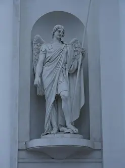 Archangel Prints: Statue of Archangel Michael with a spear striking a snake