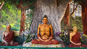 Bihar Prints: Statue of Lord Budhha Doing Meditation With Disciples, Dungeshwari, Gaya, Bihar, India