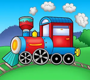 Liner Prints: Steam locomotive on rails - color illustration