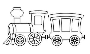 Steam Locomotive Prints: steam train - black and white cartoon vector illustration of steam locomotive and passenger railroad car