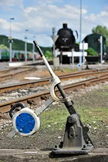 Throw Prints: Steam train and track switch levers at the depot of the Chemin de Fer à Vapeur des Trois Vallées at Mariembourg