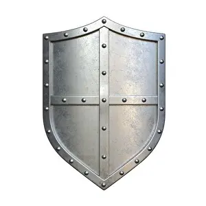 Gladiator Prints: Steel medieval shield, metallic shield, isolated on white background, 3d rendering