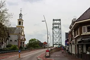 Steel vertical lift bridge over Gouwe canal in Waddinxveen the netherlands