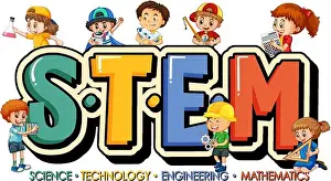 Schooling Prints: STEM education logo with many children cartoon character illustration