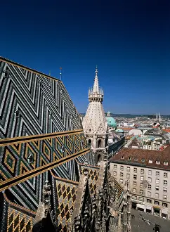 Cathedrals Prints: The Stephansdom cathedral of St Stephen tiled roof and skyline Vienna Austria Europe