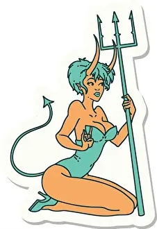 Pin Up Prints: sticker of tattoo in traditional style of a pinup devil girl