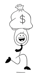 Stickman Prints: Stickman businessman character carrying a sack of dollars and running