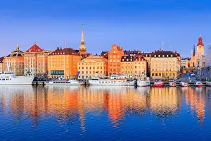 Urban Skyline Prints: Stockholm, Sweden. Gamla Stan waterfront cityscape at sunrise. Scandinavia