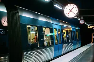 Stockholm, Sweden. Modern Illuminated Metro Underground Subway Station With Train