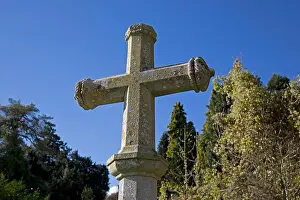 Cotswolds Prints: Stone cross blue sky St Mary's Church Batsford Cotswolds UK
