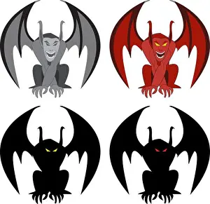 Hell Prints: Stone gargoyle statue, red demon gargoyle and silhouette. front view. isolated object