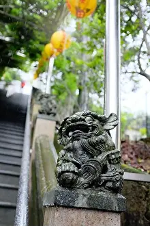 Taiwanese Prints: Stone lion statue at the stairs