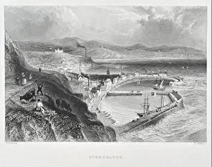 Etchings Prints: Stonehaven harbour, Scotland, vintage engraving from 1800s