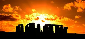 Wiltshire Prints: Stonehenge silhouettes sun flare sunset orange travel astronomy archaeology monuments religion
