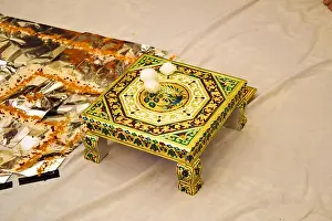 Cushion Prints: Stool ready for Indian Bride before performing the Haldi Ceremony