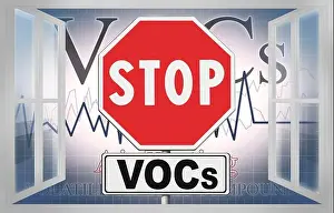 Polluting Prints: STOP Volatile organic compounds VOCs indoor pollutant - concept image view from an open window