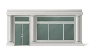 Shopfront Prints: Store front with glass door, windows and white stone columns