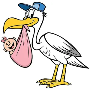 Stork with a Baby Girl - A cartoon illustration of a Stork with a Baby Girl