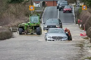 Storm Dennis Cars in Floods, these images where taken Nr Welshpool in Powys Mid-Wales