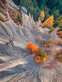 Splendid Prints: Straight down view from flying drone of Earth pyramids of Platten - Spiky sand towers formed by water erosion