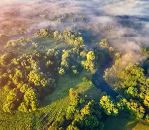 Zigzag Prints: Straight down view from flying drone of small river on the foggy forest