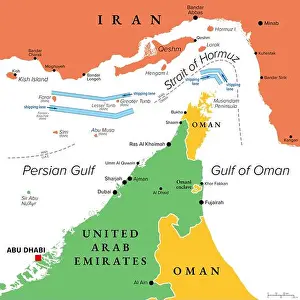 Oman Prints: Strait of Hormuz, colored political map showing the shipping lanes