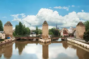 Vauban Prints: Strasbourg medieval bridge Ponts Couverts and cathedral