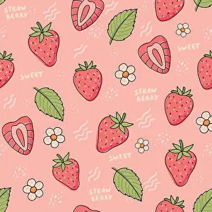 Pajama Prints: Strawberry pattern. Cute colorful strawberries with flowers and leaves in doodle style