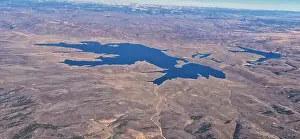 Drainage Prints: Strawberry Reservoir Bay lake aerial drone view from airplane in Fall by Daniels Summit between Heber
