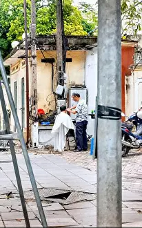 Two Men Prints: Street barber Hanoi Old Quarter Vietnam