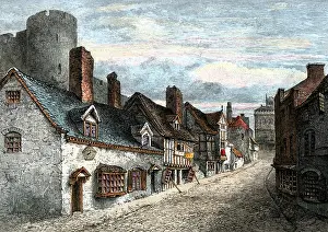 Gable Prints: Street of Castle Gate, Shrewsbury, England, in Tudor times. Hand-colored woodcut