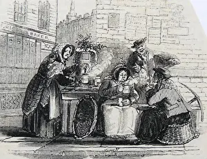 London England Prints: Street coffee stall, London, England. Engraving, 1850