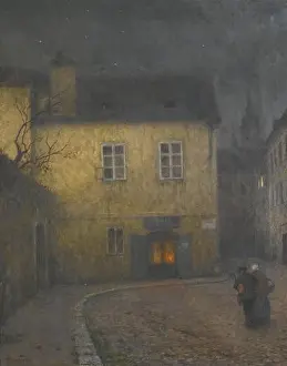 Time Of Day Prints: A street corner in Prague, c. 1900. Artist: Schikaneder, Jakub (1855-1924)