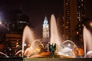 Philly Prints: Street fountain on Benjamin Franklin parkway at night toward Penn square and city hall of Philadelphia