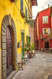 Railroad Prints: Street with historic houses in Montecatini Alto - medieval village above Montecatini Terme town in Tuscany