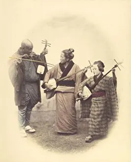 Stringed Instrument Prints: Street Musicians, 1868. Three street musicians