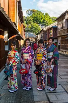 Kimono Prints: Street scene with young Japanese women in Kimonos in the Higashi Chaya district (entertainment district) in Kanazawa