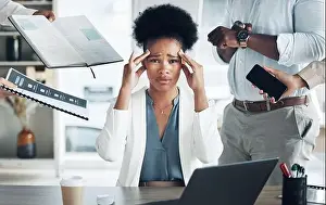 Migraine Prints: Stress, headache and portrait of a busy black woman with burnout