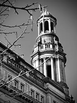 Mono Prints: The striking corner clock tower of the historic Royal Exchange Building