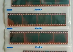 Strips of Konica film negatives, analogue photography