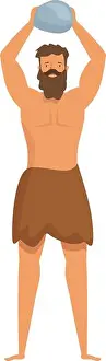 Barefoot Prints: Strong primitive caveman wearing loincloth lifting heavy rock over head
